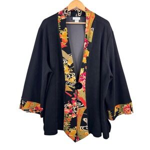 Soft Surroundings Black Kimono Jacket Floral Print lagen look artsy boho sz 3X